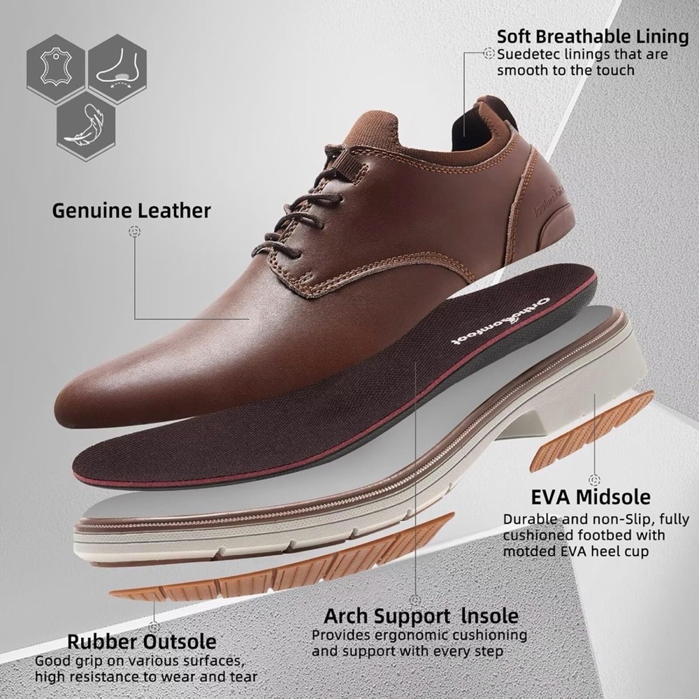 New-Orthopedic Leather Dress Shoes: Arch Support Plantar Fasciitis Walking - Picture 7 of 12